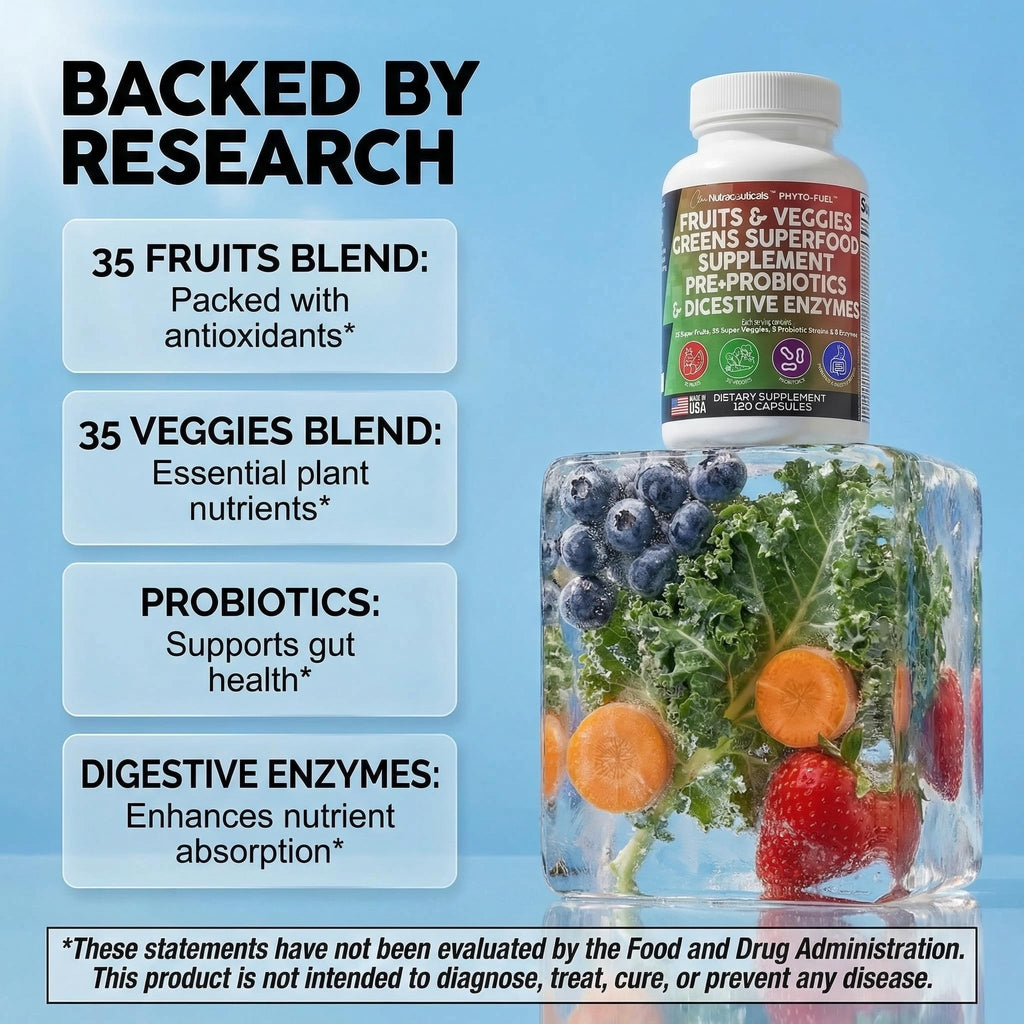 Clean Nutraceuticals Fruits and Veggies Supplement Reds & Green Superfood - Balance of Over 70 Fruit & Vegetable Supplements Capsules with Probiotics Prebiotics