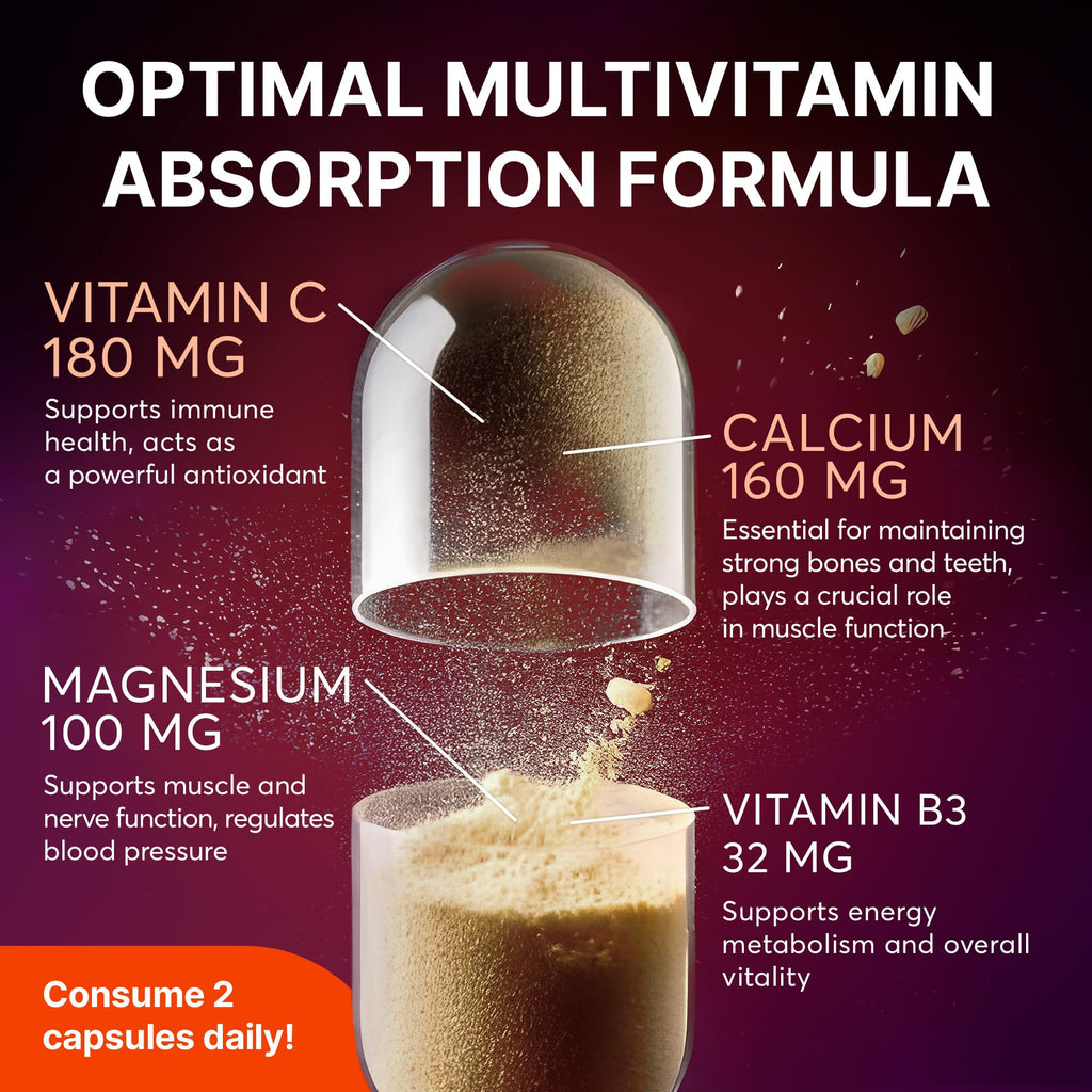 Multivitamin Supplement | Complex with Vitamin A, C, D, E, K1, B, Zinc & Chromium | Hair, Skin & Nail Beauty Vitamins | Immune Support Supplements for Men & Women | 60 Capsules SUPLINT buy supplements Au