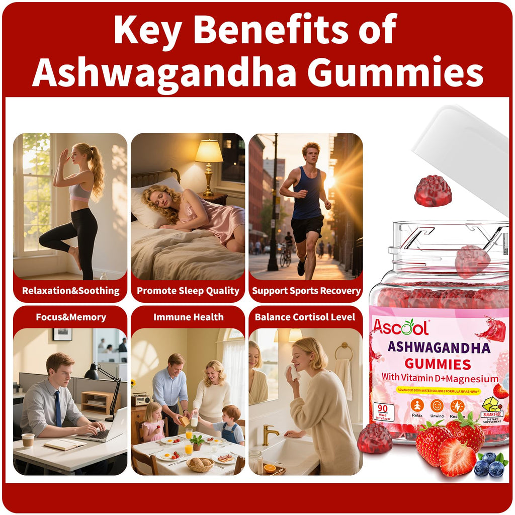 Ascool Ashwagandha Gummies for Stress Relief & Clam with Magnesium + Vitamin D – 90 Count Sugar-Free, Vegan Ashwa Supplements