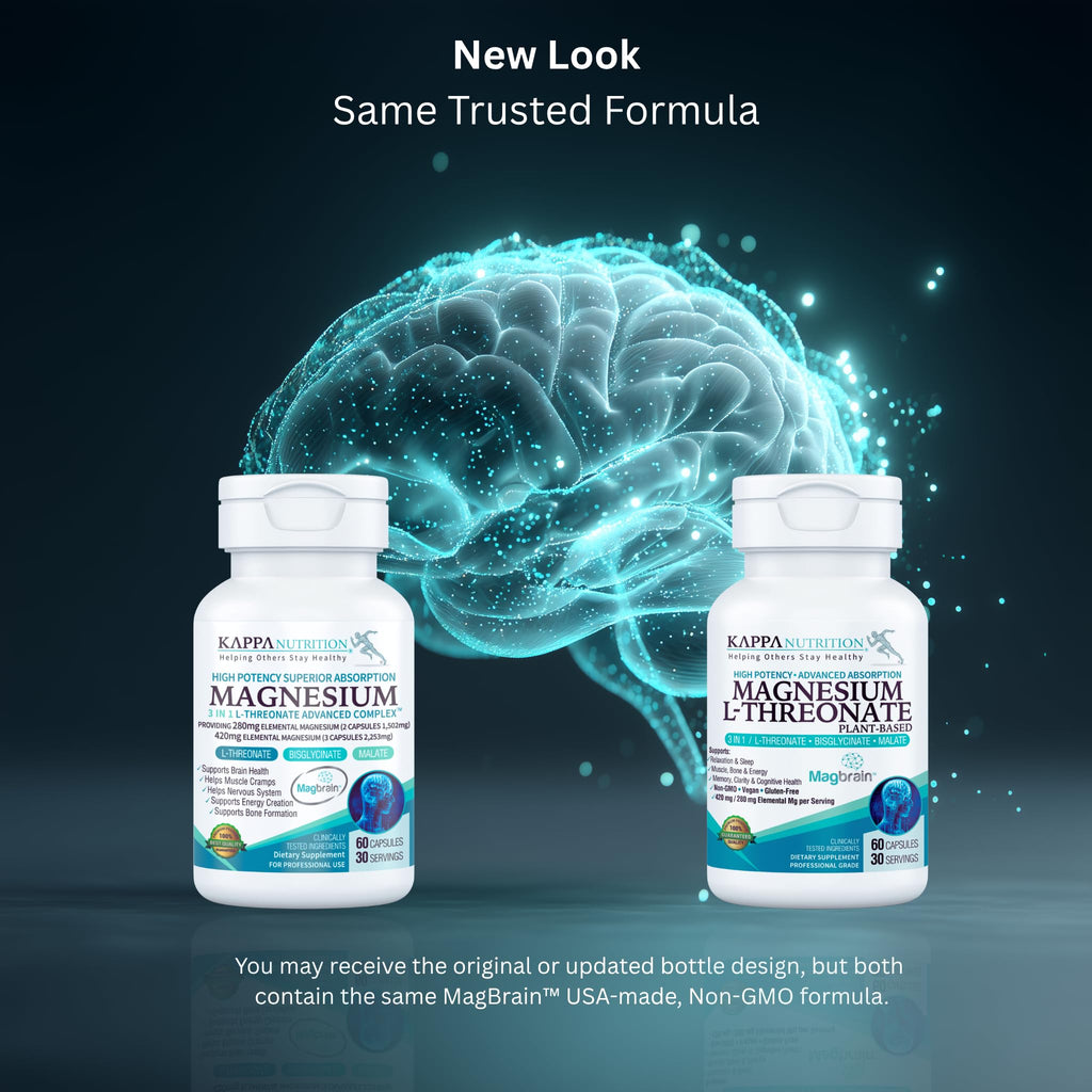 Kappa Nutrition Powered by Magbrain™ Magnesium L-Threonate Plant-Based, 60 Vegan Capsules, 420mg Elemental Magnesium (3 Capsules) from 2,253mg, Brain, Sleep & Muscle Support. KAPPA NUTRITIONBuy Supplements Australia
