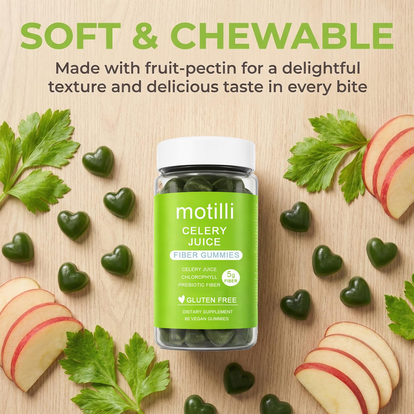 zdiwond Motilli Celery Juice Fiber Gummies, with Prebiotic Fiber and Botanical Ingredients, 60 Count
