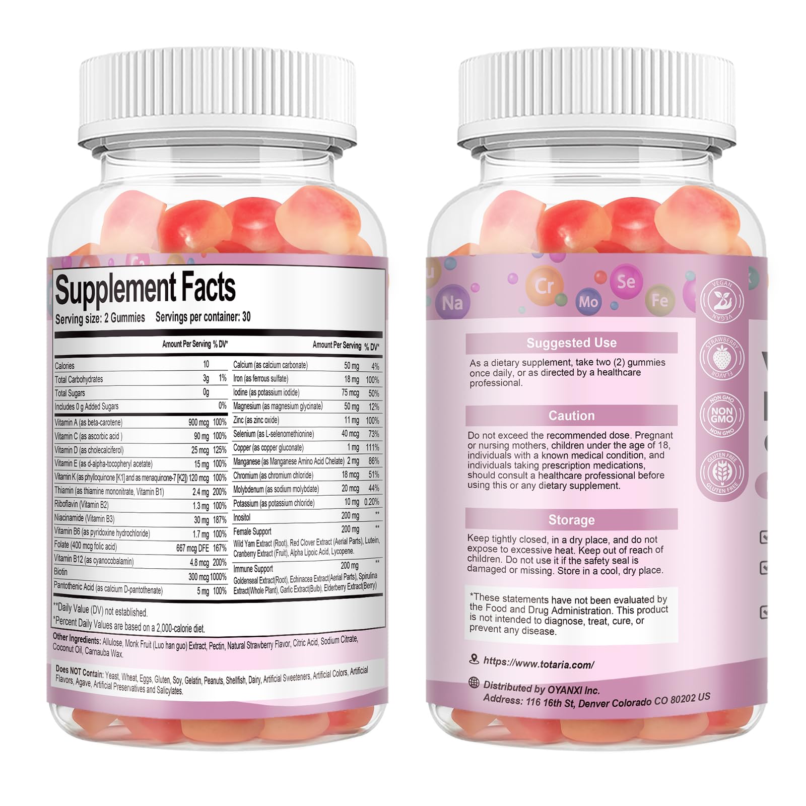Totaria Sugar Free Multivitamin Gummies for Women 14+ w/Iron, Inositol, Folate, Biotin, Womens Daily Multivitamin Gummy w/Vitamin A, C, B, D3, K2, for Hair, Skin,