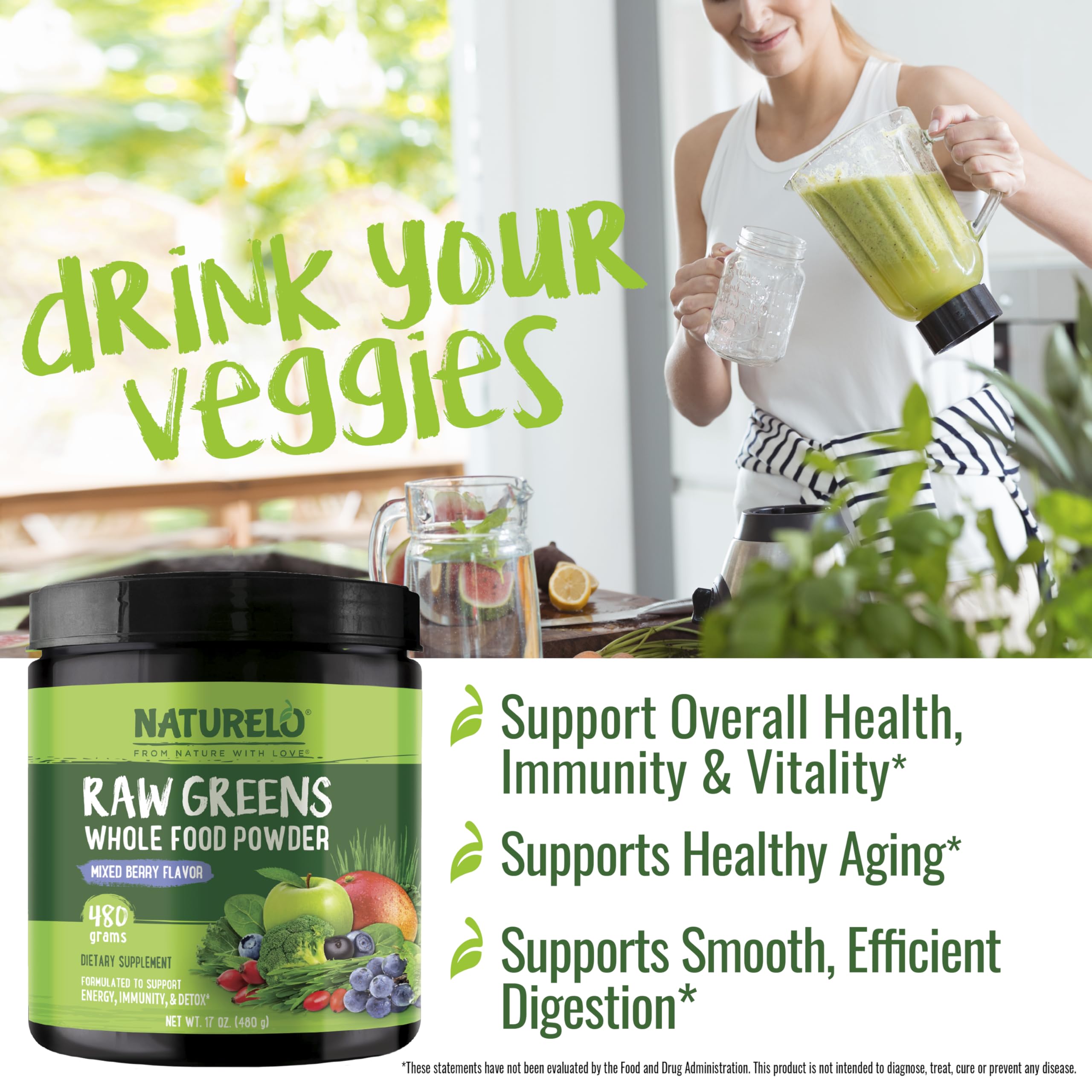 NATURELO Raw Greens Superfood Powder 480 Grams, Mixed Berry - Supports Energy, Immunity and Detox - Includes Spirulina, Wheat Grass and Organic