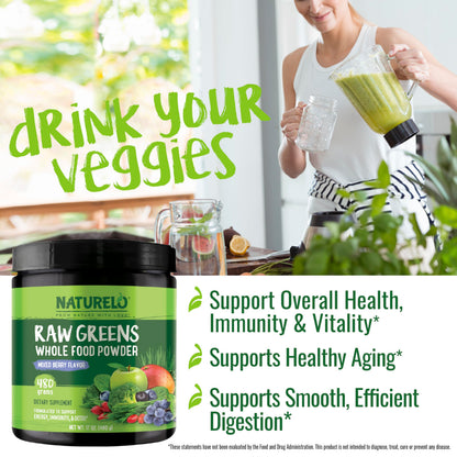 NATURELO Raw Greens Superfood Powder 480 Grams, Mixed Berry - Supports Energy, Immunity and Detox - Includes Spirulina, Wheat Grass and Organic
