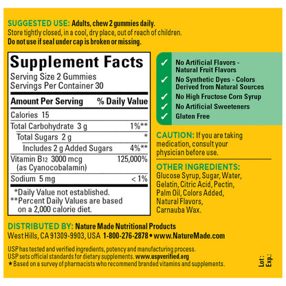 Nature Made Extra Strength Vitamin B12 Gummies 3000 mcg per serving, B12 Vitamins for Energy Metabolism Support, 60 Gummy Vitamins, 30 Day Supply