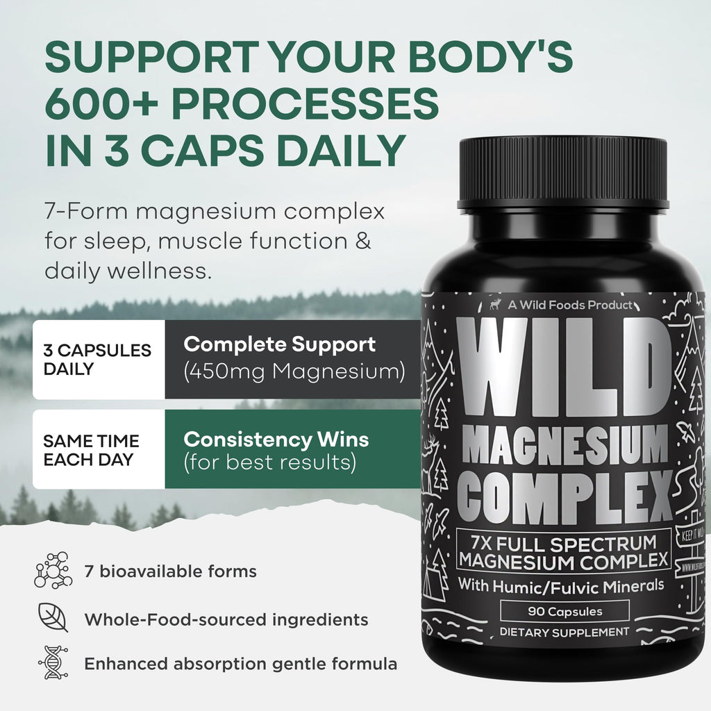 Wild Foods Magnesium Complex Supplement with 7X Forms, 90 Capsules | High Absorption, Full Spectrum, Easy Digestion | 500mg Glycinate, Bisglycinate, Malate, Orotate, Citrate, Taurate Wild Foods buy supplements Au