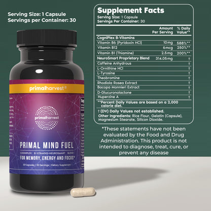 Brain Supplement by Primal Harvest, Primal Mind Fuel Brain Booster for Focus, Energy, Clarity, and Brain Health 30 Capsules