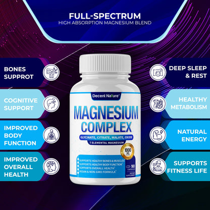 Magnesium Complex 7 Elemental Magnesium Supplement 1000mg – Magnesium Glycinate, Citrate, Malate, Taurate, Oxide, Aspartate, Orotate Non-GMO 90 Capsules DECENT NATURE buy supplements Au