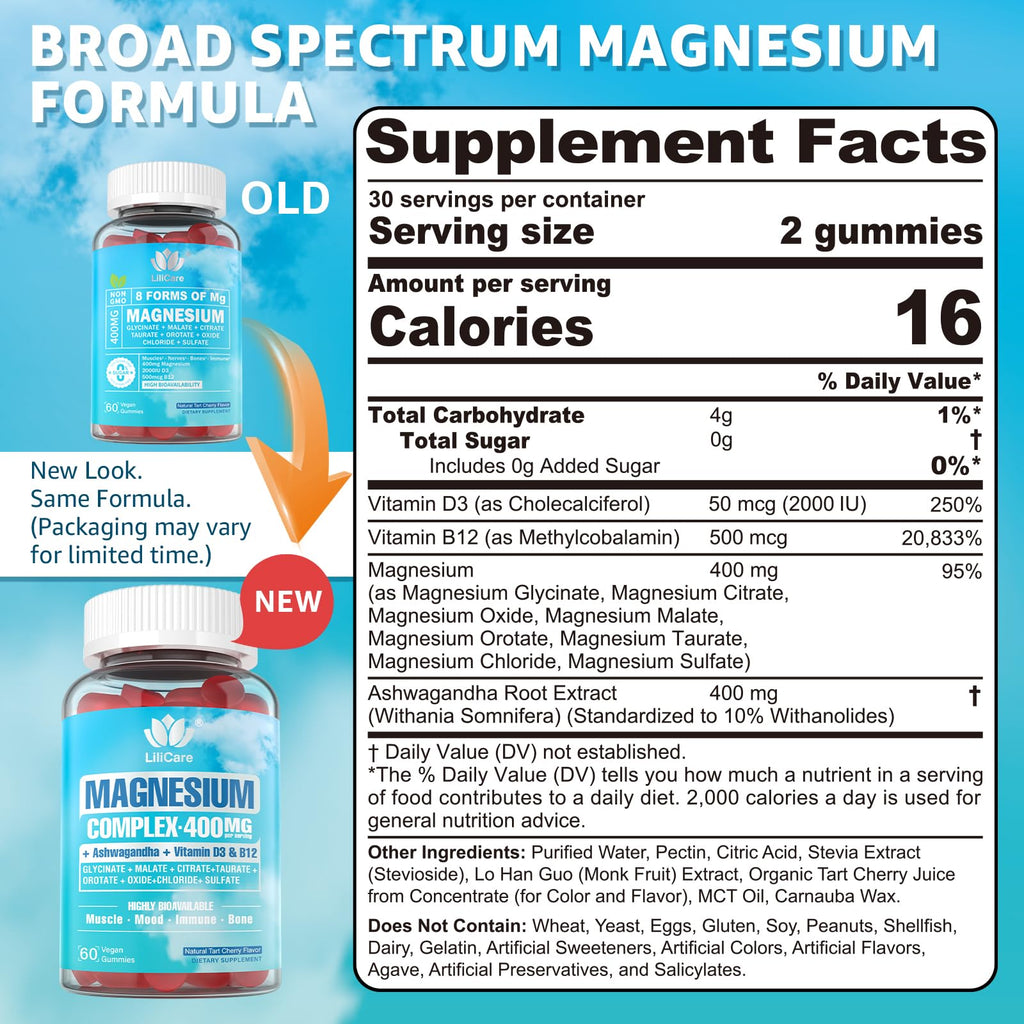 Sugar Free Magnesium Complex for Women, Calm Magnesium Gummies for Adults 400mg, Magnesium Glycinate, Citrate, Malate & More- Magnesium Gummy with Magnesium Ashwagandha, D3, B12 for Relax, Calm, Vegan LILICARE buy supplements Au