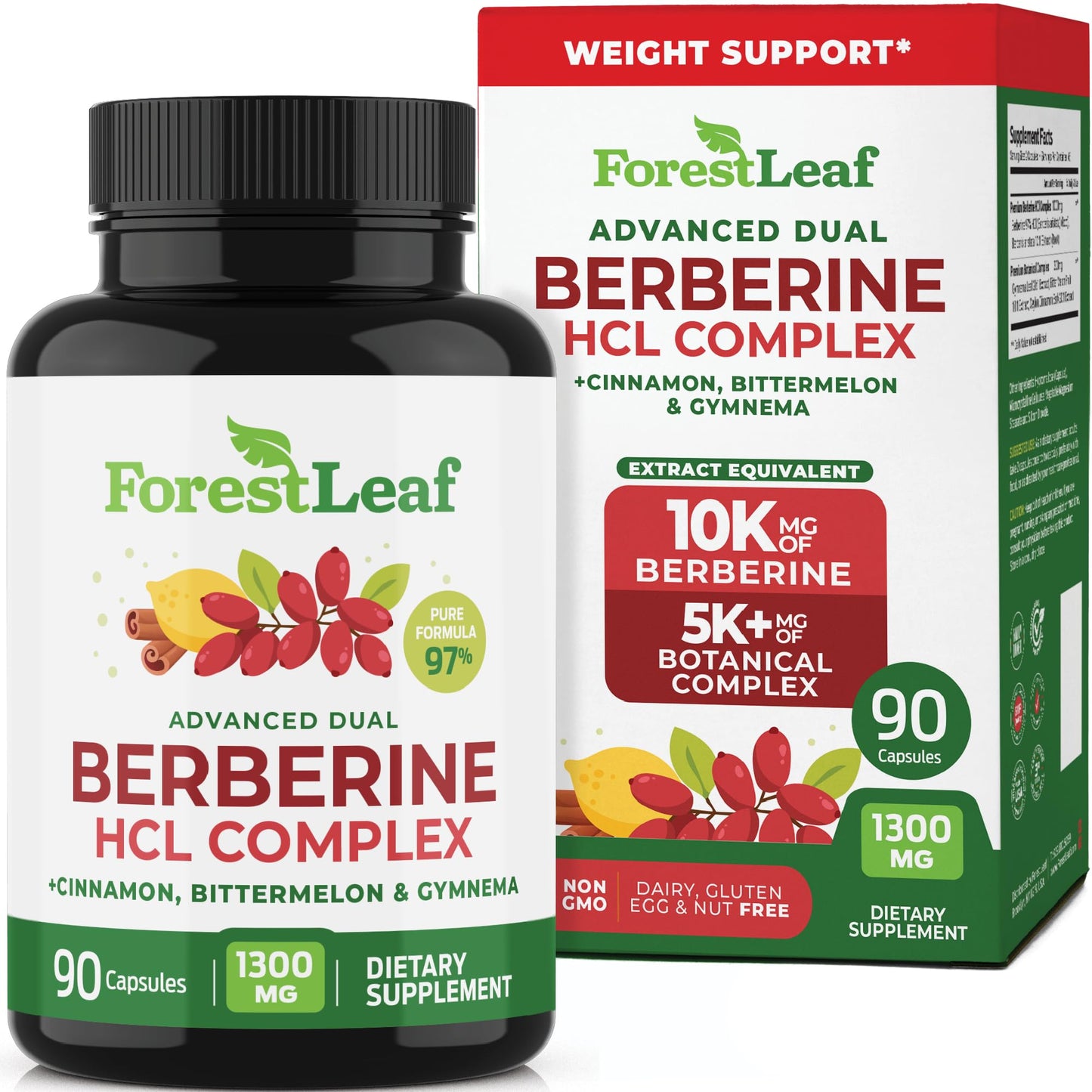 ForestLeaf Berberine Supplement - 1300mg per Serving - Ultra High Potency Berberine HCl with Ceylon Cinnamon, Bitter Melon & Gymnema