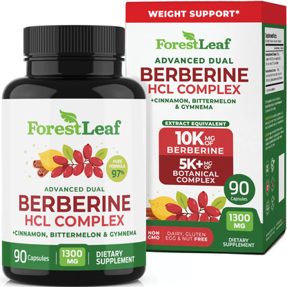ForestLeaf Berberine Supplement - 1300mg per Serving - Ultra High Potency Berberine HCl with Ceylon Cinnamon, Bitter Melon & Gymnema