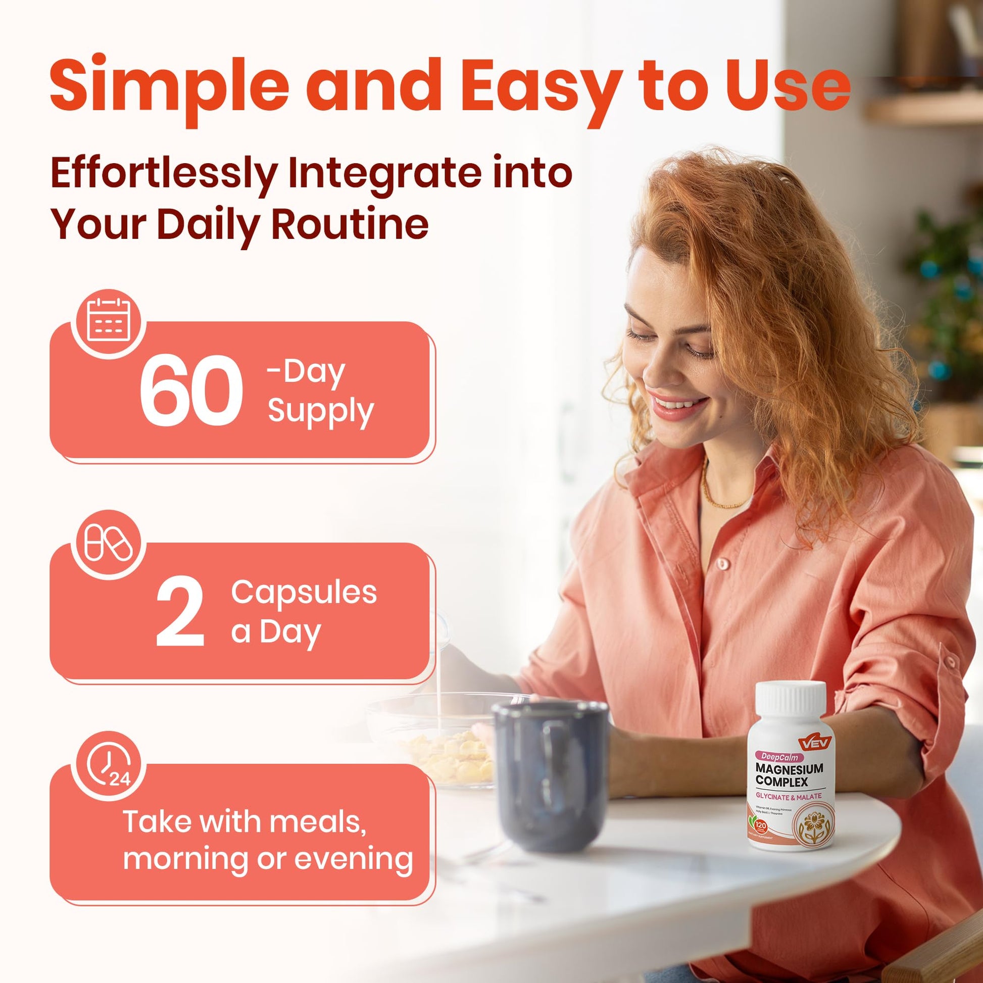 VEV Deep Calm Magnesium Complex for Women – Glycinate, Malate, B6, L-Theanine & Holy Basil – Support for Daily Magnesium & Stress Relief – 120 Vegan Capsules VEV buy supplements Au
