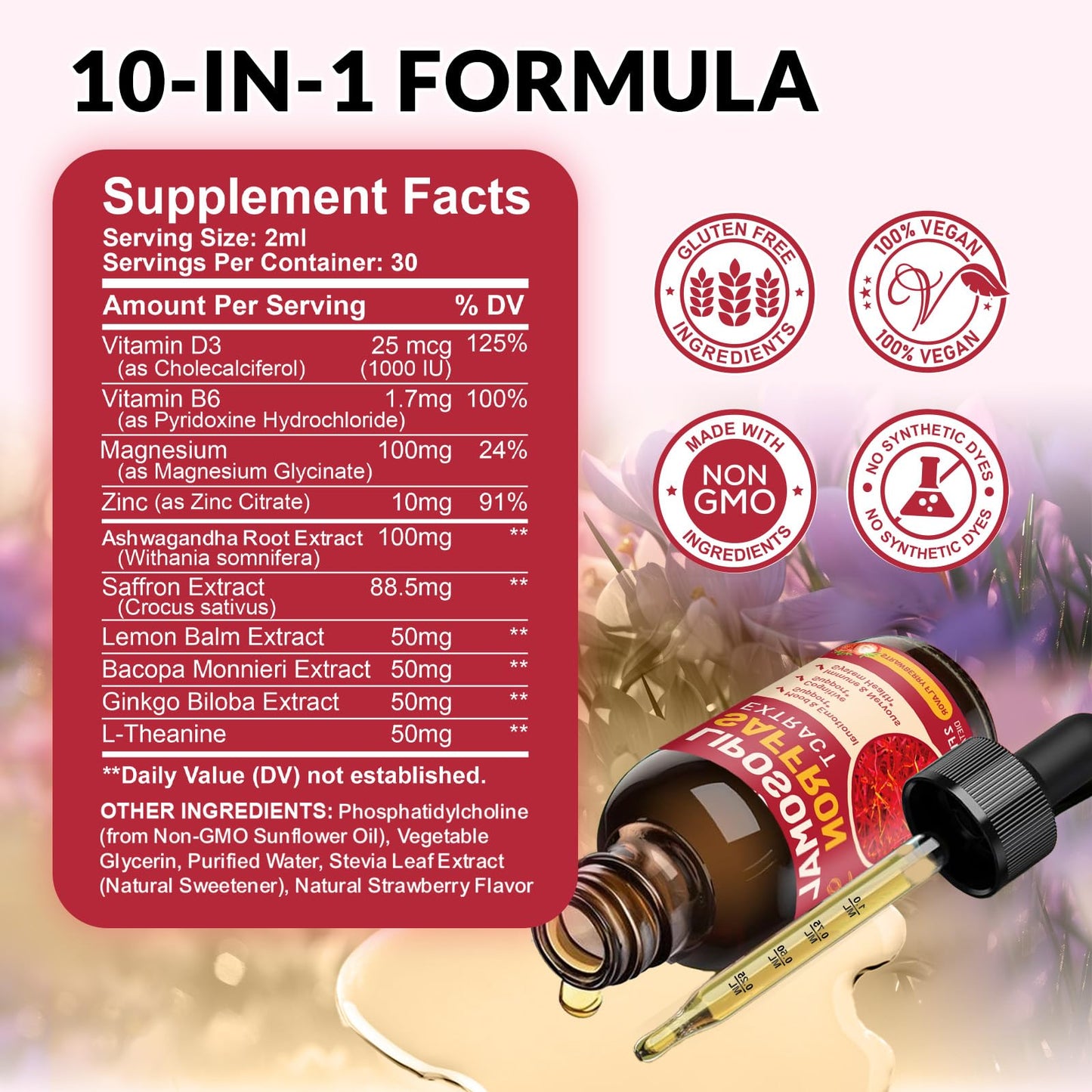 Saffron Supplements - 88.5mg Saffron Extract Liposomal Liquid Drops with Magnesium, Zinc, Ashwagandha, L-Theanine, Vitamin B6, D3 for Antioxidant Mood Energy Vision & Focus, Strawberry Flavor 2 Fl Oz ReviNutraBuy Supplements Australia