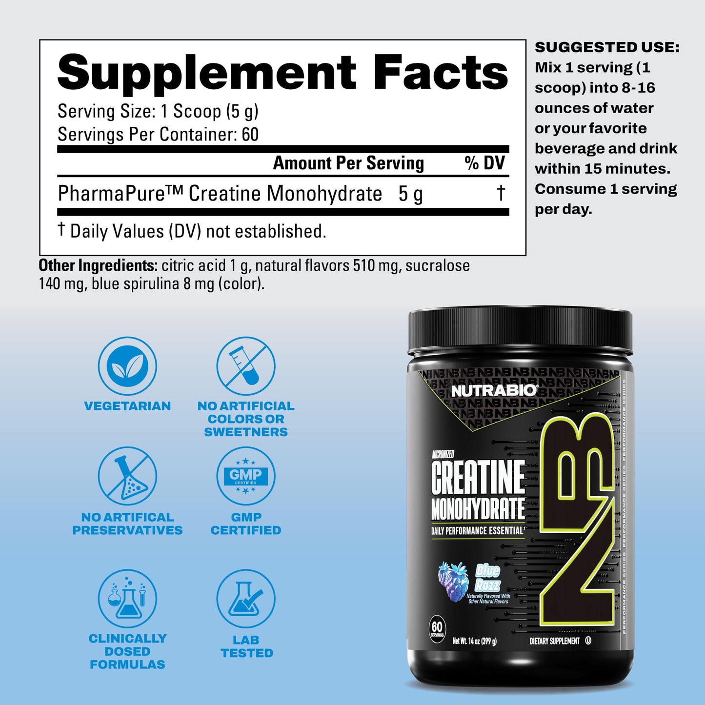 NutraBio Pure Micronized Creatine Monohydrate Powder Supplement, Blue Razz (300 g) - Supports Bulk Muscle Energy, Recovery, and Strength - HPLC Tested Creatine Powder Supplement for Men and Women