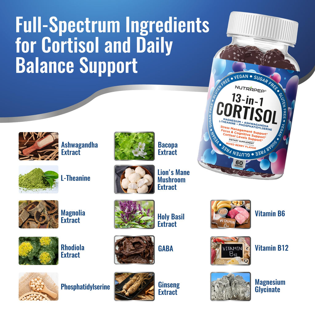 NutraPep Cortisol Gummies for Women Men - 13-in-1 High Cortisol Reducer with Ashwagandha Magnesium L-theanine Rhodiola Rosea - Daily Cortisol Detox Manager for Stress Focus Support - Vegan Sugar Free