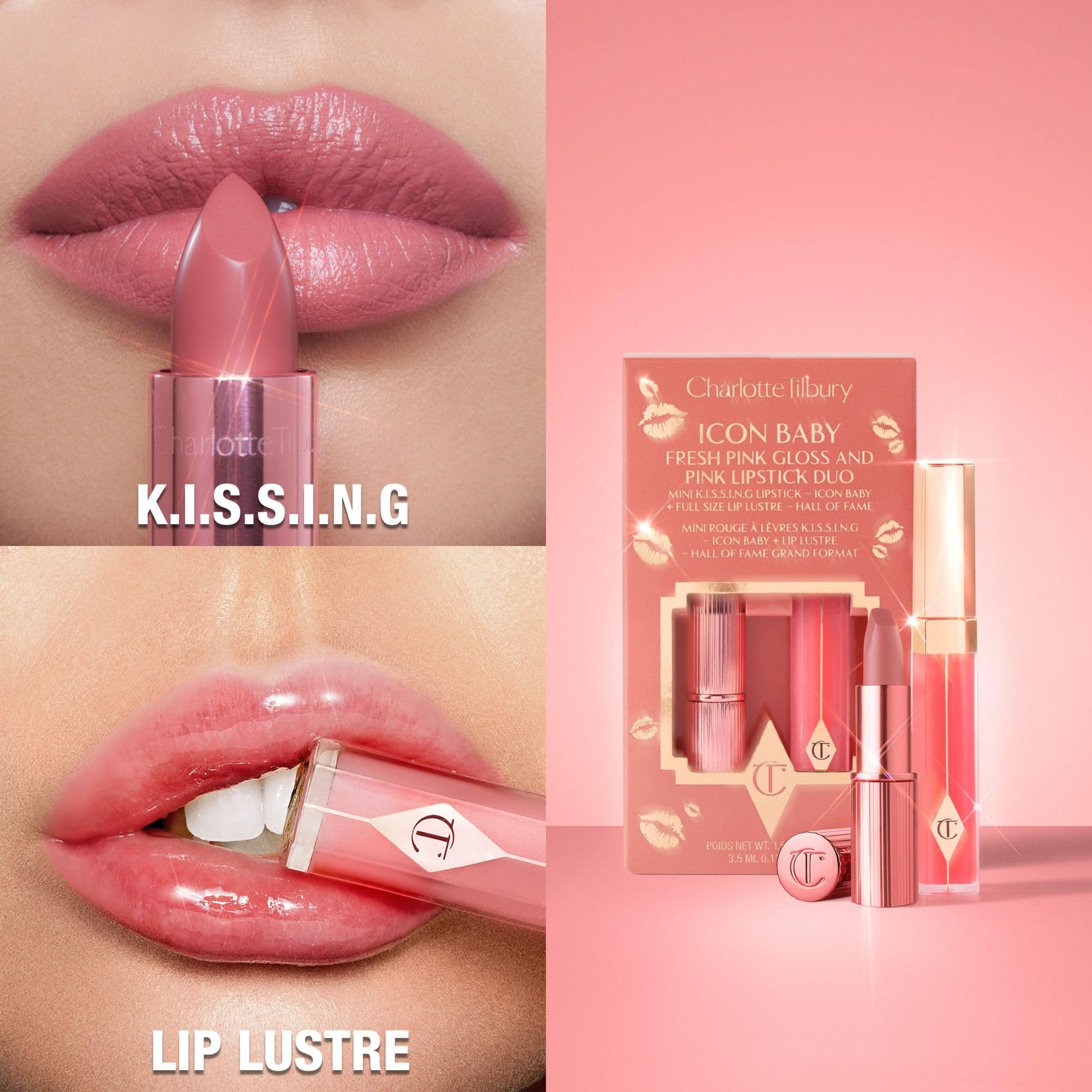 Charlotte Tilbury Icon Baby Lip Duo Kit - Mini K.I.S.S.I.N.G Satin Shimmer Lipstick & Full Size Hall of Fame High Shine Gloss Set - Hydrating Long Lasting Makeup Duo for On-the-Go Glossy Shine Charlotte Tilbury buy supplements Au