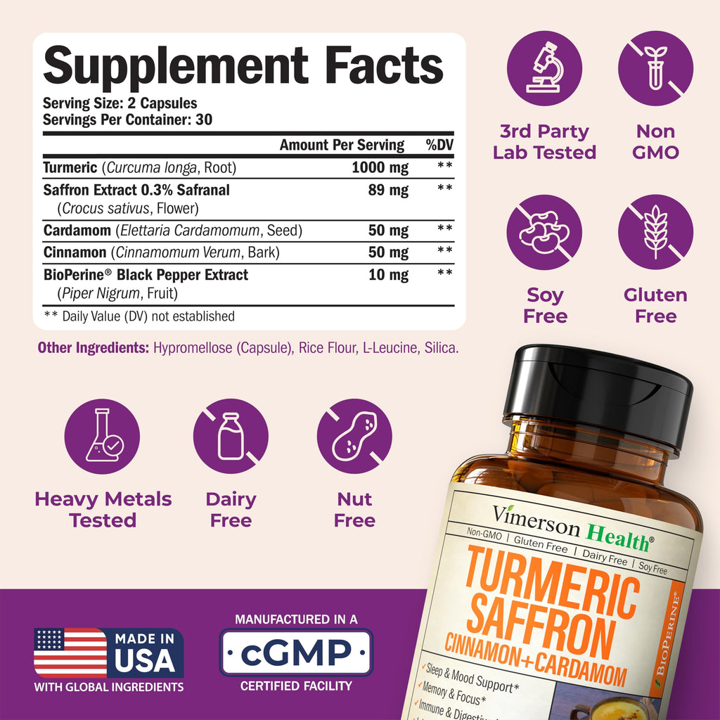 Saffron Supplements – 89mg Saffron Extract, 1000mg Turmeric Curcumin, Ceylon Cinnamon & Cardamom – Daily Mood, Joint & Metabolic Support – Joint Supplements for Women & Men – 60 Capsules Vimerson HealthBuy Supplements Australia