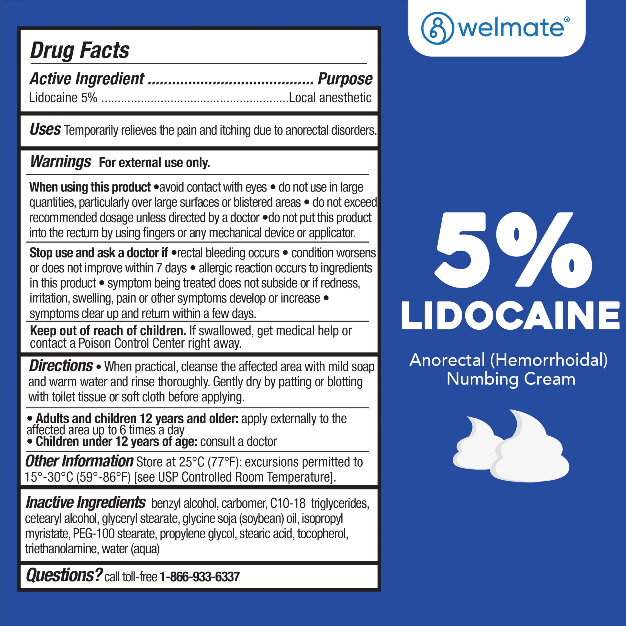 WELMATE 5% Lidocaine Cream for Hemorrhoids – Fast-Acting Lidocaine Numbing Cream & Topical Analgesic Cream for Anorectal Itch Relief, Unscented, Child Resistant Packaging 2 oz (60g) WELMATEBuy Supplements Australia