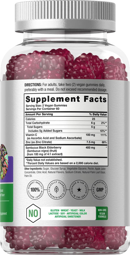 Horbaach Black Elderberry Gummies | 120 Count | Sambucus Extract | with Zinc and Vitamin C | Berry Flavor | Vegan, Non-GMO
