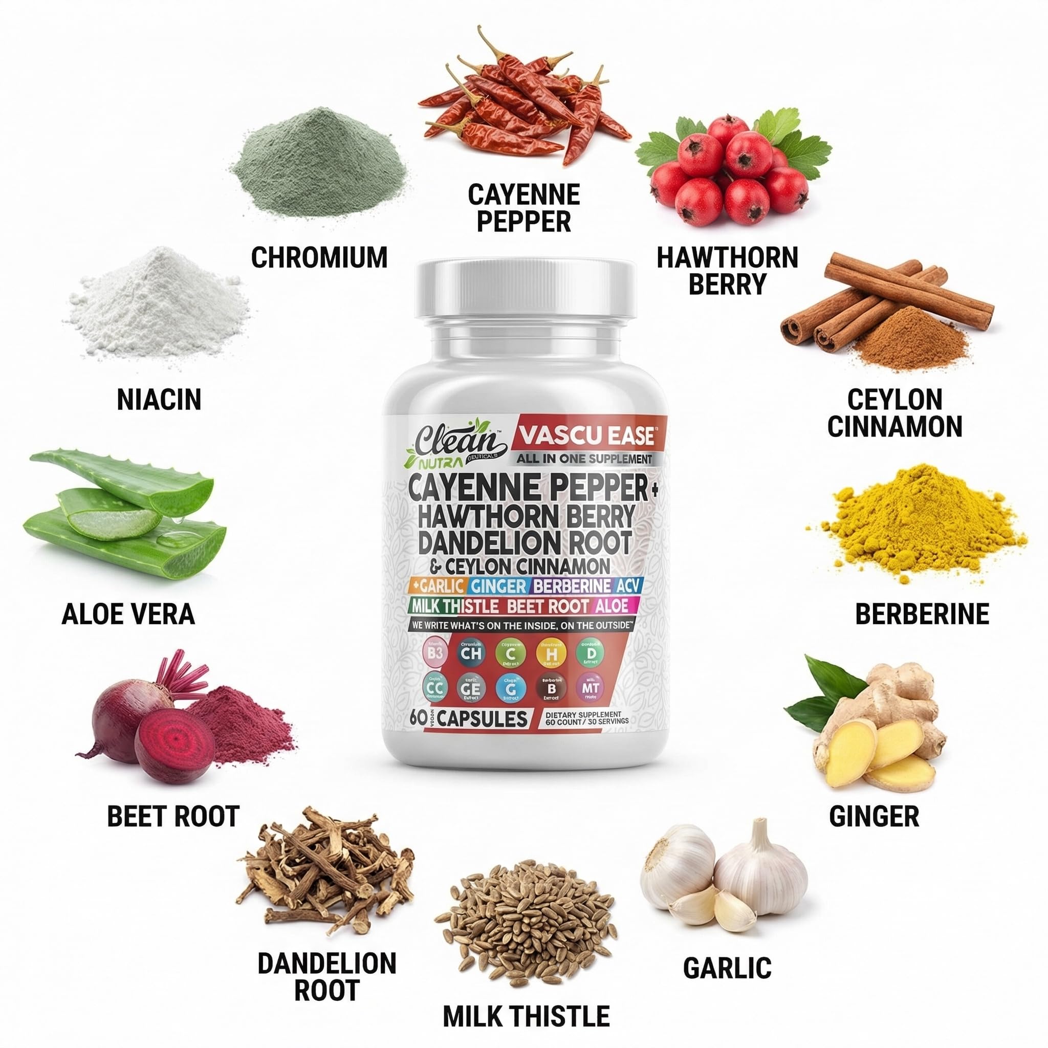 Clean Nutra Cayenne Pepper Capsules Supplement with Hawthorn Berry, Dandelion Root, Ceylon Cinnamon, Garlic, Ginger, Berberine, Apple Cider Vinegar, Milk Thistle, Beet Root, Aloe Vera Pills & More Clean Nutraceuticals buy supplements Au