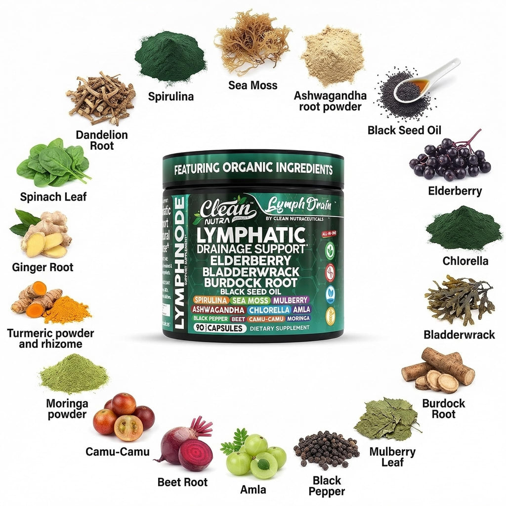 Organic Lymphatic Drainage Supplements | Elderberry Bladderwrack Burdock Root Black Seed Oil Spirulina Sea Moss Ashwagandha Chlorella Amla Beet Moringa Chlorophyll Lymph System Capsules By Clean Nutra Clean Nutraceuticals buy supplements Au