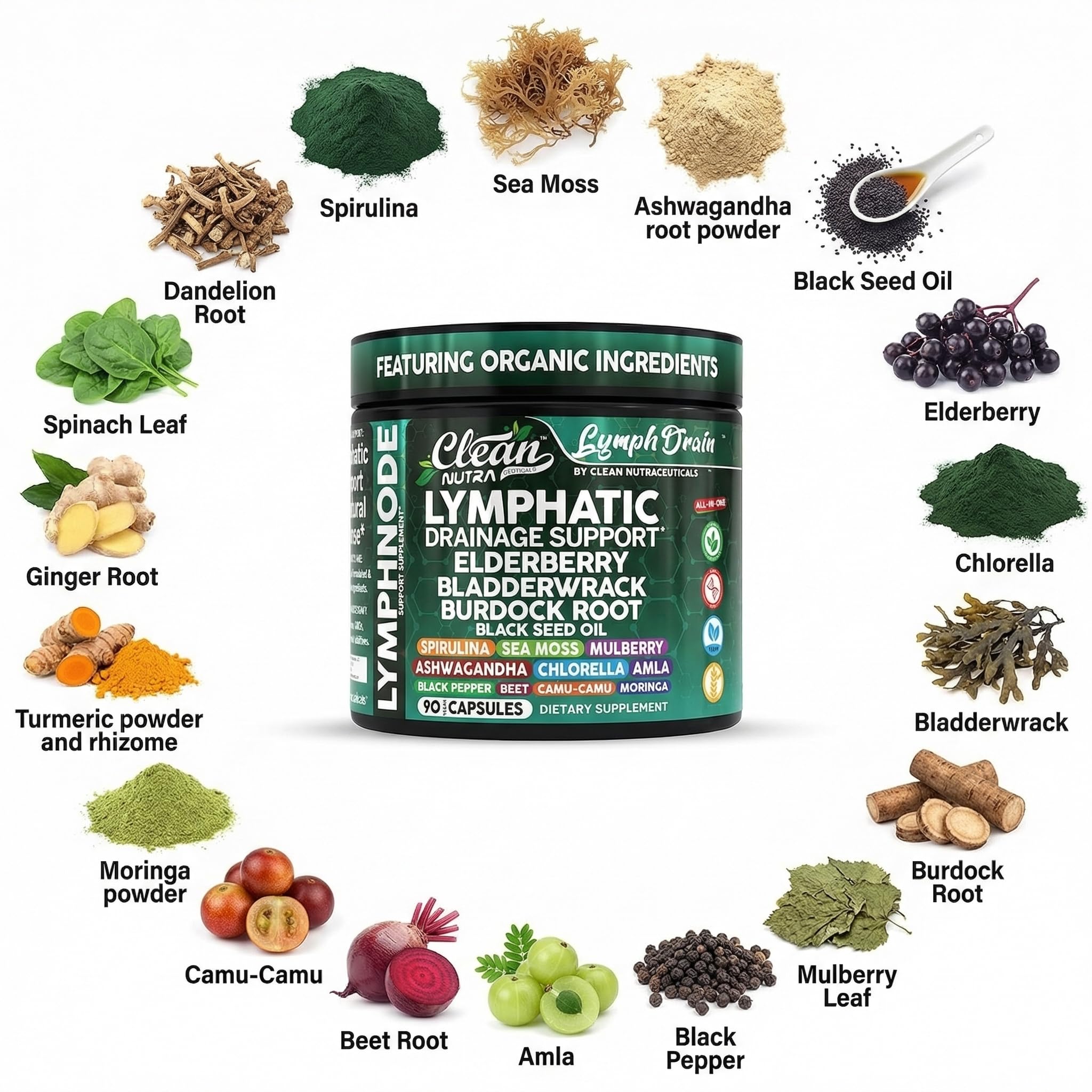 Organic Lymphatic Drainage Supplements | Elderberry Bladderwrack Burdock Root Black Seed Oil Spirulina Sea Moss Ashwagandha Chlorella Amla Beet Moringa Chlorophyll Lymph System Capsules By Clean Nutra Clean Nutraceuticals buy supplements Au