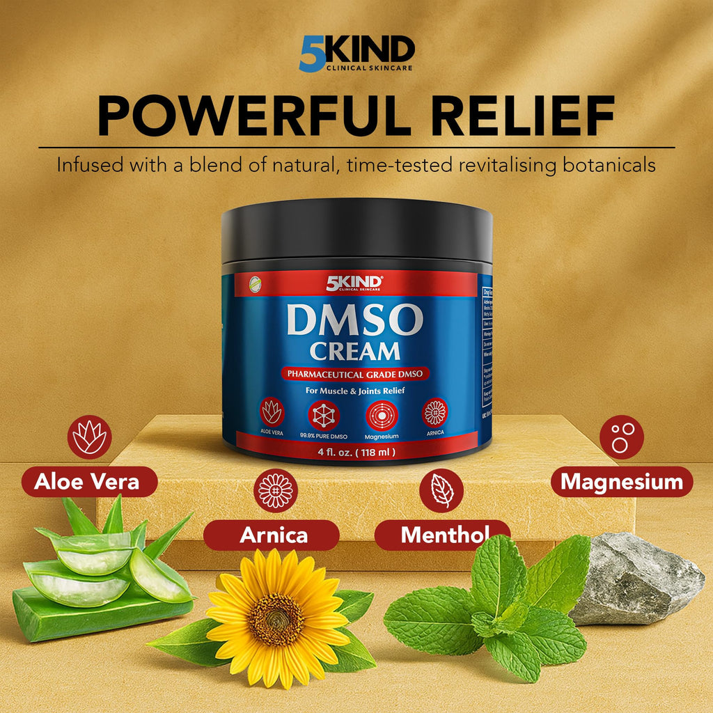 5Kind DMSO Cream for Pain Relief 4 fl oz - 99.9% Pure DMSO Pharmaceutical Grade Cream - Aloe Vera, Magnesium, Arnica & Menthol - Topical Muscle and Joint Pain Relief - Registered NDC - Made in USA 5kind clinical skincareBuy Supplements Australia