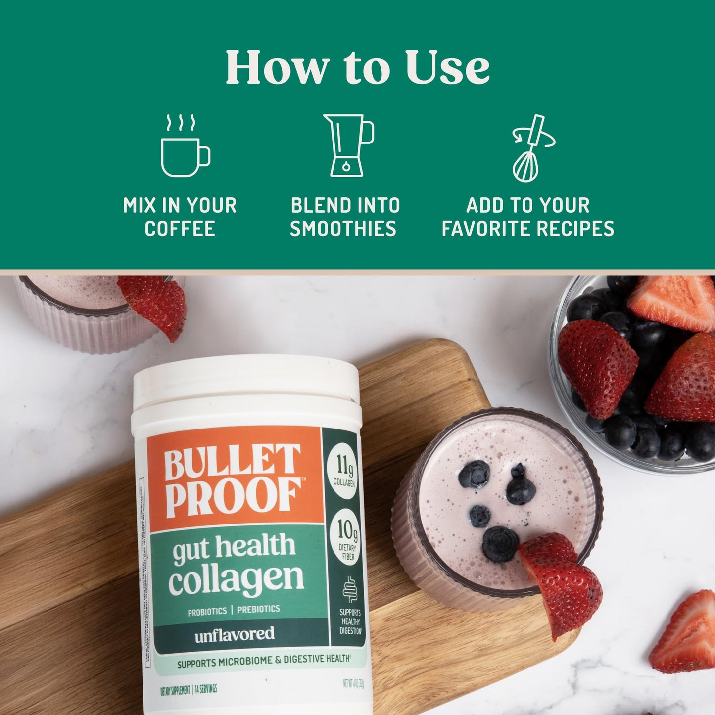Bulletproof Unflavored Gut Health Collagen Protein, 14 Ounces, 10g Grass-Fed Collagen Peptides for Gut, Skin, Bone and Joint Support