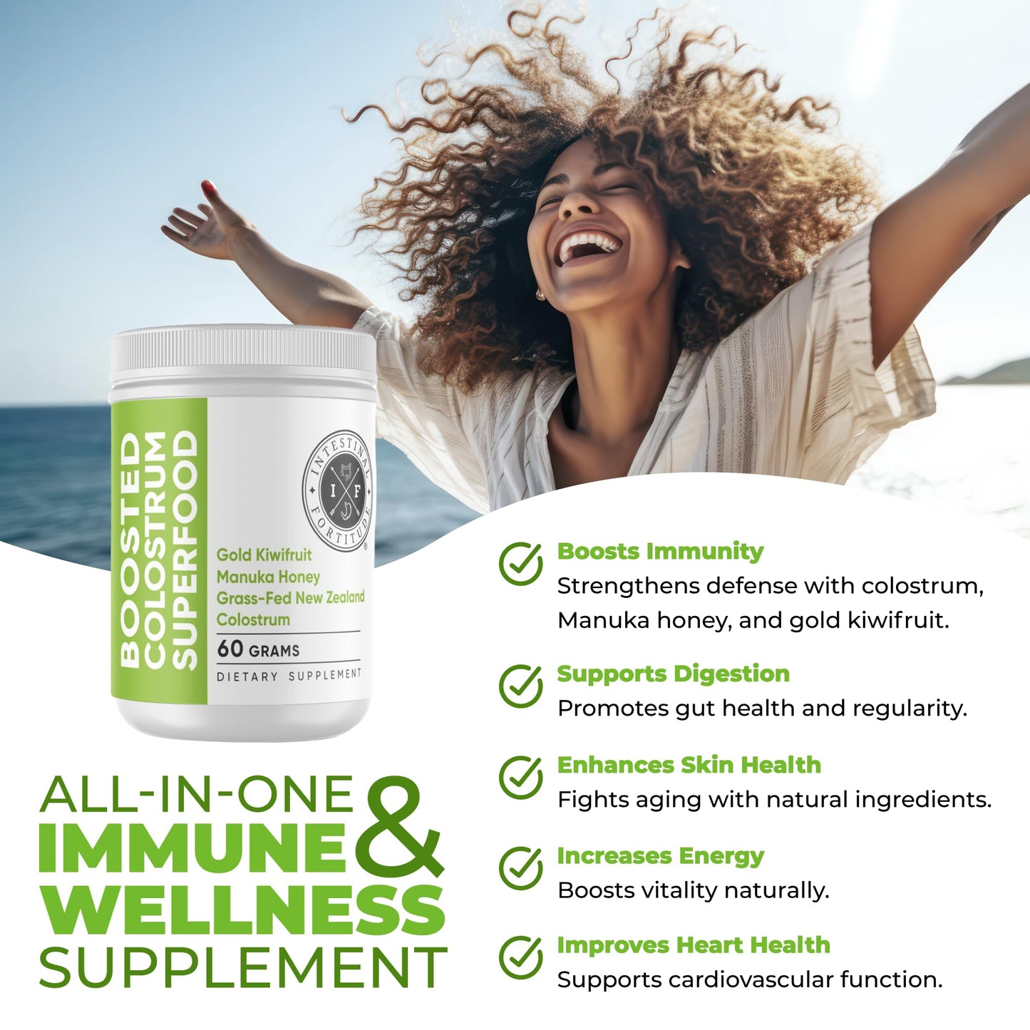 Intestinal Fortitude Boosted Colostrum Superfood Dietary Supplement: Grass-Fed New Zealand Bovine Colostrum, Gold Kiwifruit, Manuka Honey, for Digestion, Immune System, and Gut Health (60 Grams) Intestinal Fortitude buy supplements Au