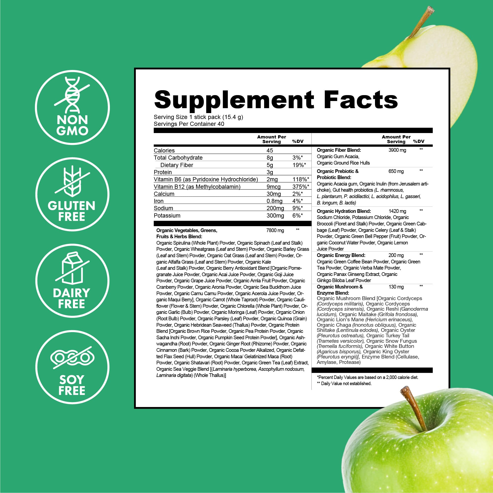 Zena Nutrition Organic Super Greens Energy & Hydration Powder, 70+ Superfoods, 0 Sugar, 5G Fiber, Spirulina, Chlorella, Prebiotics/Probiotics, Natural Caffeine + Electrolytes, 40 Drink Mix Packets Zena NutritionBuy Supplements Australia