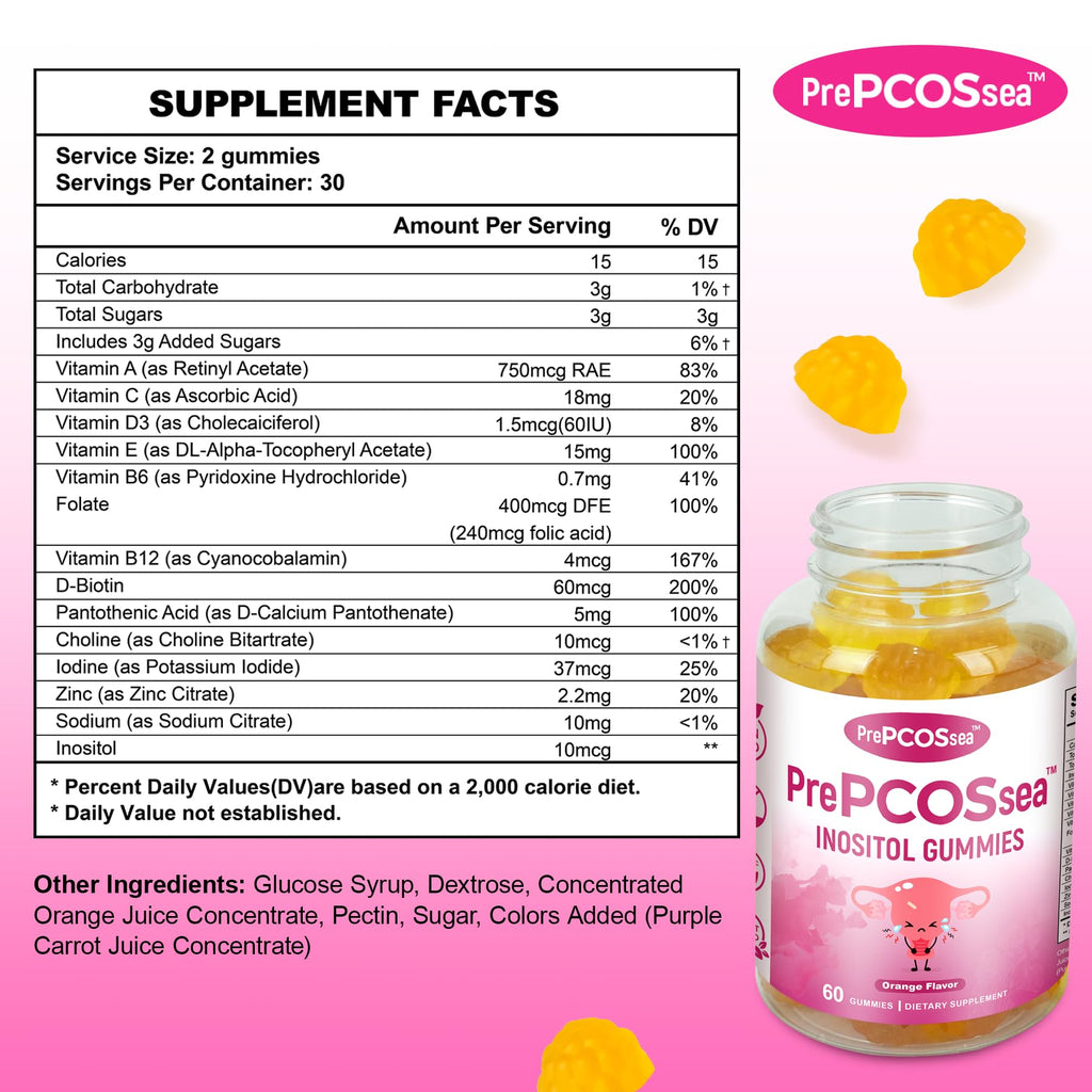 Feelherbs PrePCOSsea Inositol Gummies Vitamins, 2 Pack Orange Flavor Myo-Inositol Vitamin Gummies with Folate, B6, B12 & D-Biotin, 60 Count Soft Chews FeelherbsBuy Supplements Australia