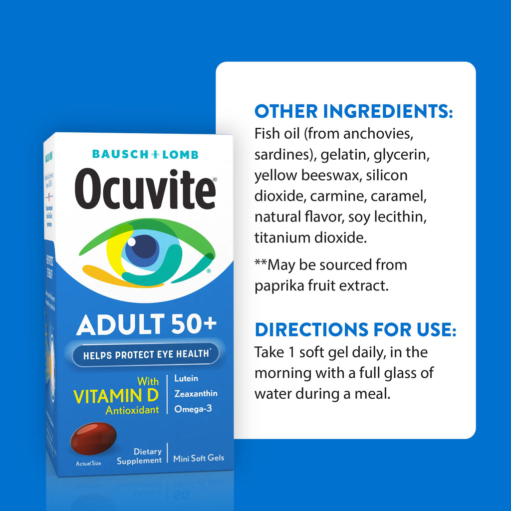 Ocuvite 50+ Eye Vitamin & Mineral Supplement, Multivitamin for Vision & Ocular Health with Omega-3, Zinc, Vitamins C & E, Lutein & Zeaxanthin, Zinc Supplements for Women and Men, 50 Softgels OcuviteBuy Supplements Australia