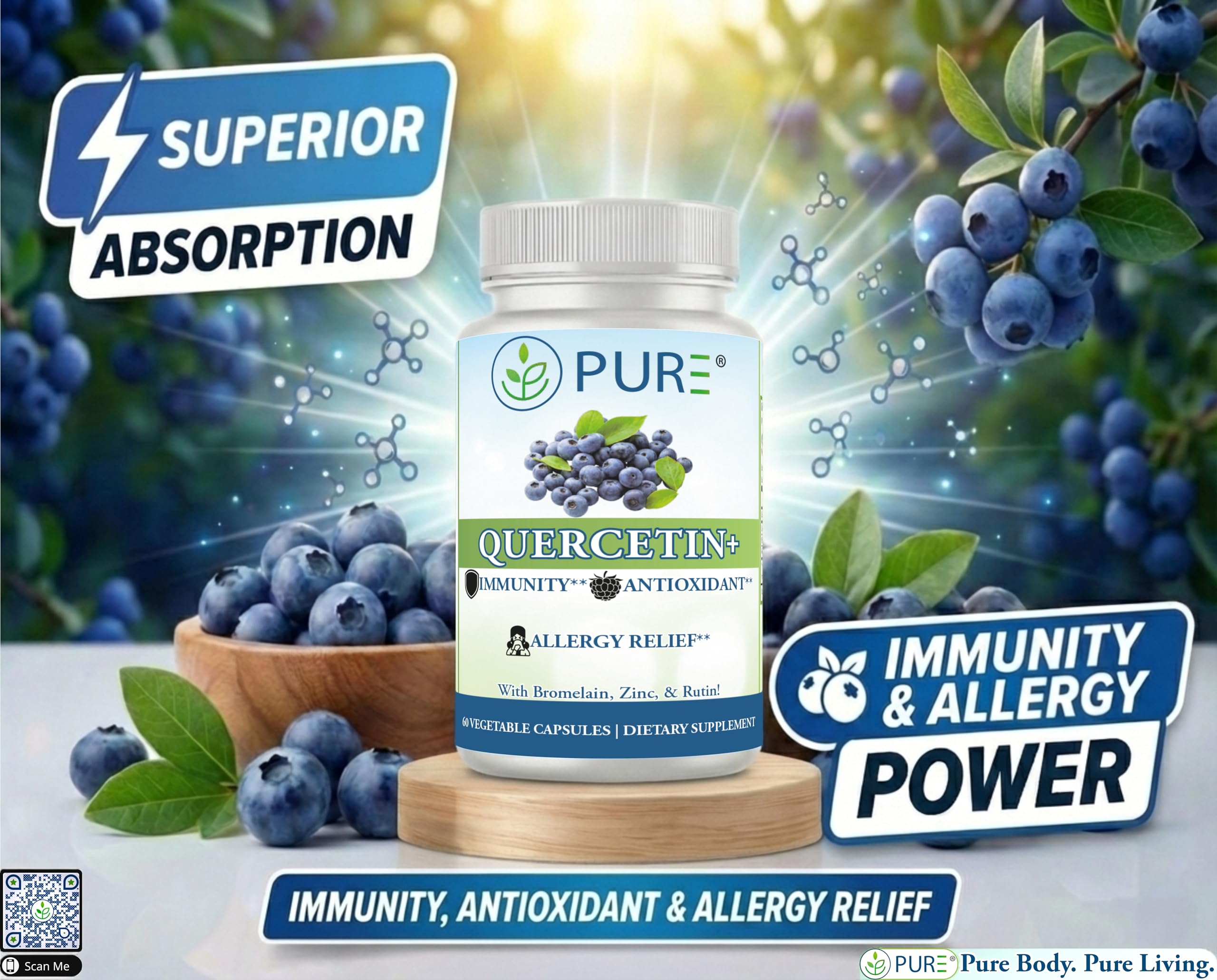PURE® Quercetin+ with Zinc, Bromelain, Rutin Immune Shield - 60 Capsules - High Bioavailability Antioxidant Complex for Respiratory Health & Viral Defense - Made in USA PURE buy supplements Au
