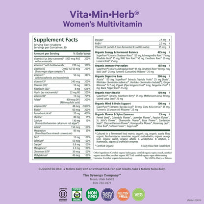 PURE SYNERGY Vita·Min·Herb for Women | Women’s Comprehensive Multivitamin Supplement | Made with Organic Whole Food Non-GMO & Vegan Ingredients | PURE SYNERGY