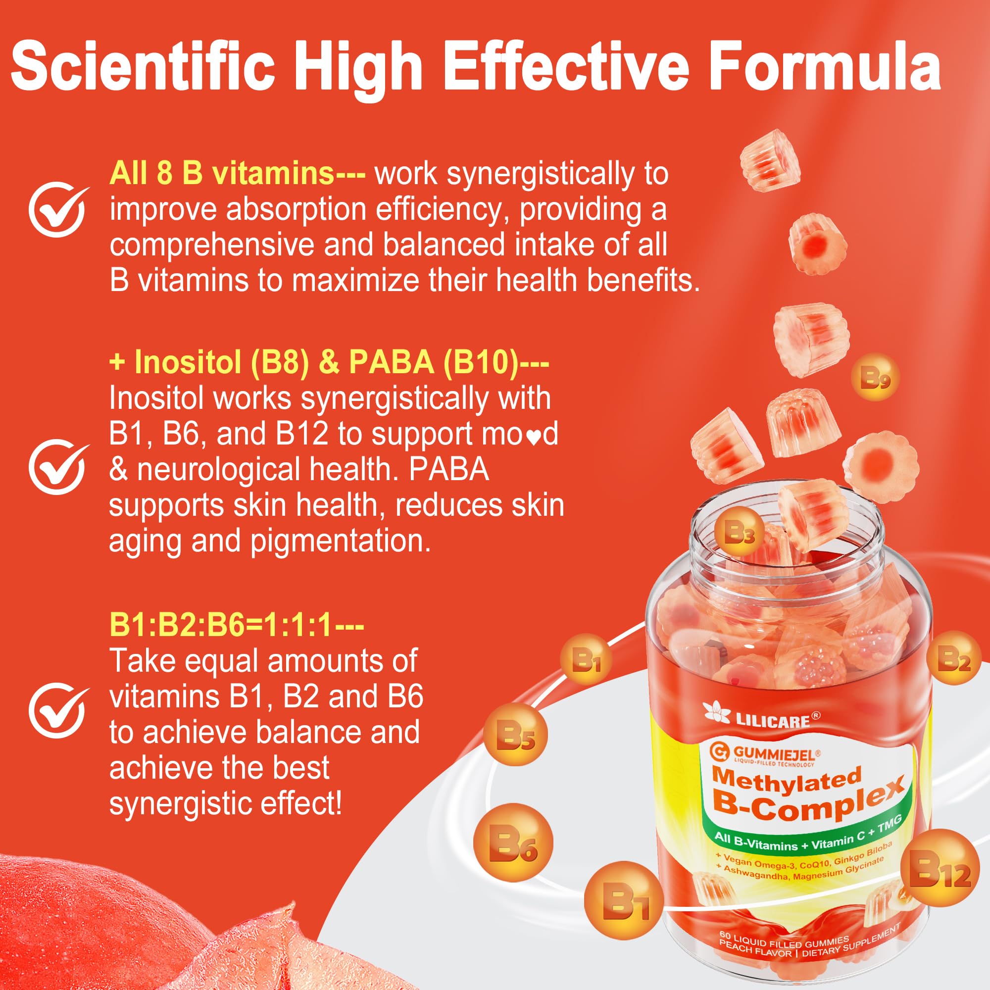 Super Methylated Vitamin B Complex Gummies - All B Vitamins + Omega-3, Magnesium, CoQ10, Ashwagandha,Vitamin C, TMG- For Women Men- Methyl B12 2000 mcg, Methylfolate