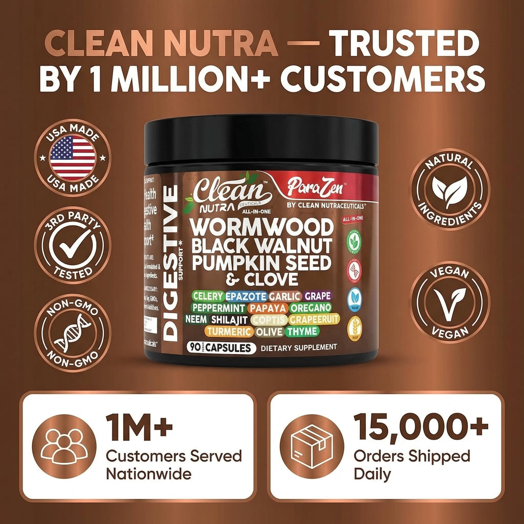 Clean Nutra Wormwood Black Walnut Pumpkin Seed Clove Oil Celery Garlic Grape Papaya Neem Diatomaceous Earth Womens Probiotic Gut Health Cleanse Detox Oregano