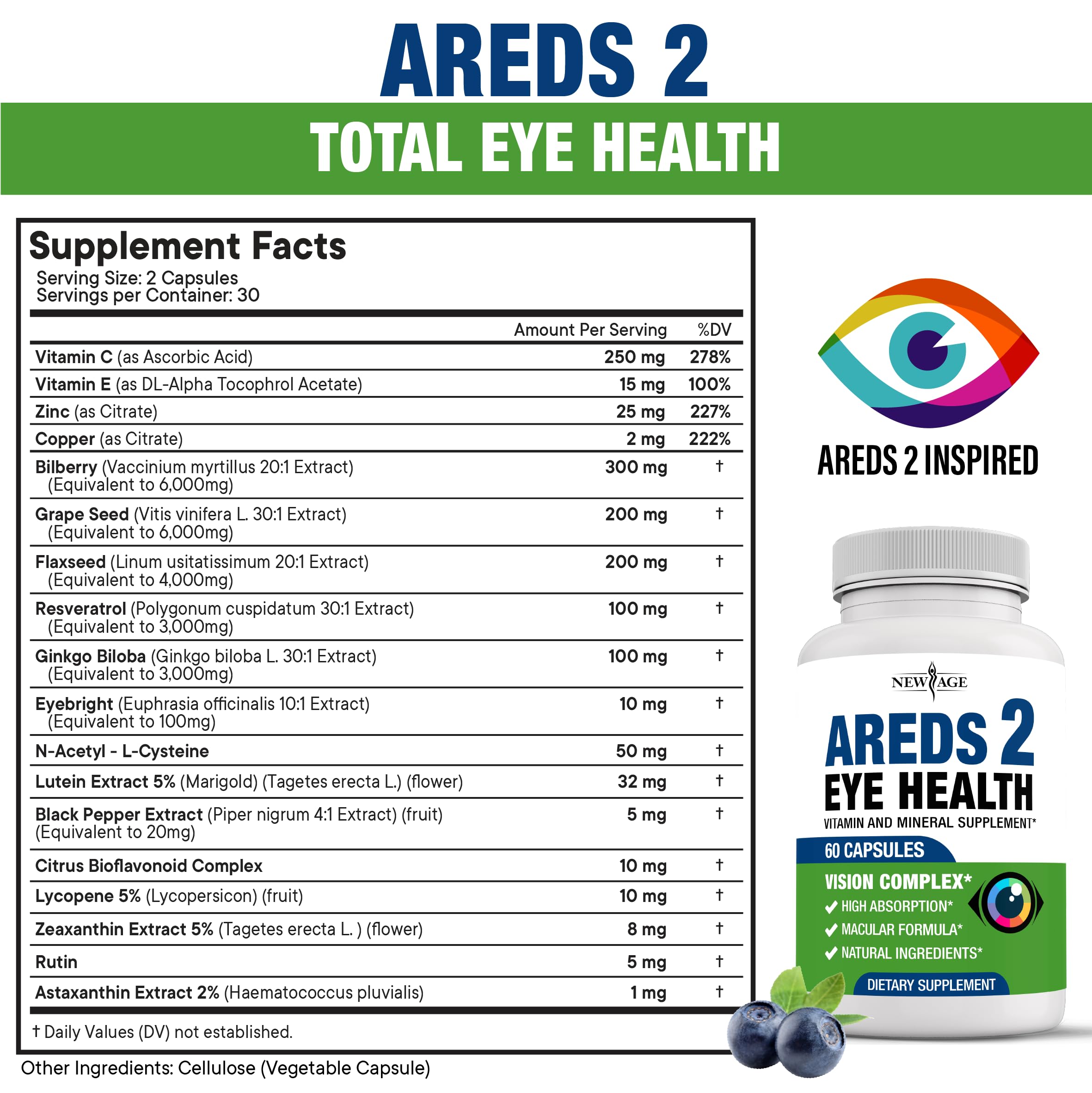 NEW AGE AREDS 2 Eye Vitamins - Lutein, Zeaxanthin, Bilberry, Astaxanthin Mineral Vision Supplement - 180 Count NEW AGEBuy Supplements Australia