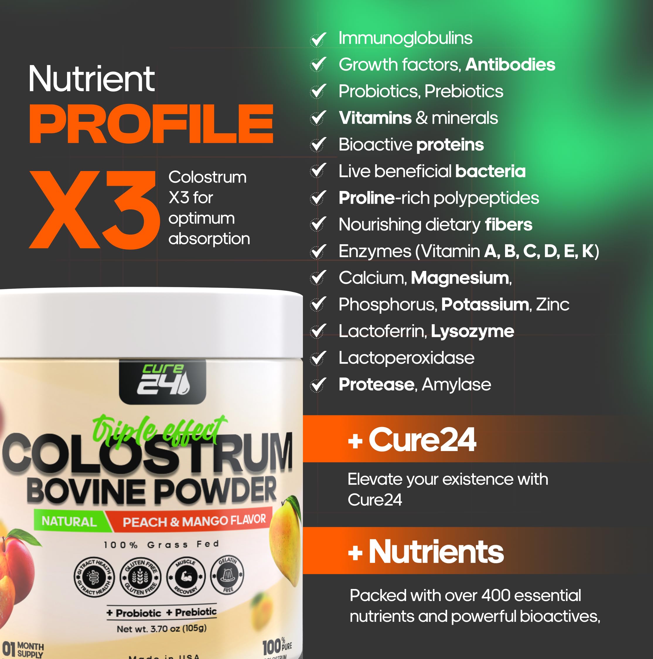 Cure24 Bovine X3 Colostrum Supplement Powder for Humans, 100% Pure Whole Natural Grass Fed Superfood, High IgG, Plus Probiotic & Prebiotic, Natural Peach-Mango Flavor, Made in USA Cure24 buy supplements Au