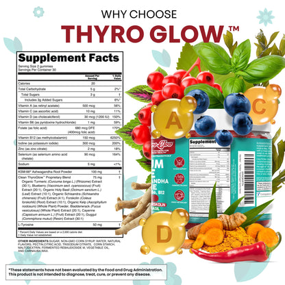 ThyroGlow Thyroid Support Gummies Selenium Iodine KSM 66 Ashwagandha L Tyrosine Vitamin D, C, B12, B6 Turmeric Blueberry Holy