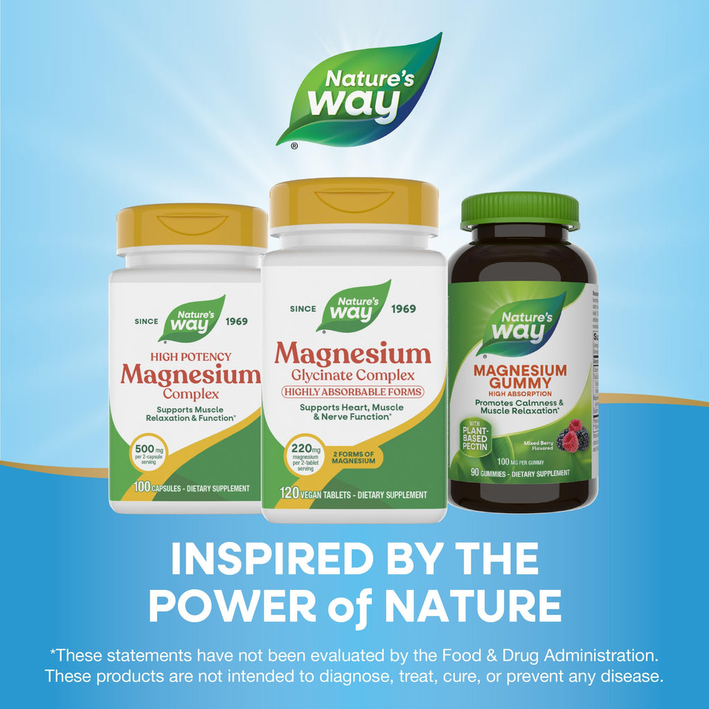 Nature's Way Magnesium Glycinate Complex, Supports Heart, Muscle, Nerve Function*, Highly Absorbable, 220 mg per 2-Tablet Serving, No Gluten, Vegan, 120 Tablets Nature's Way buy supplements Au