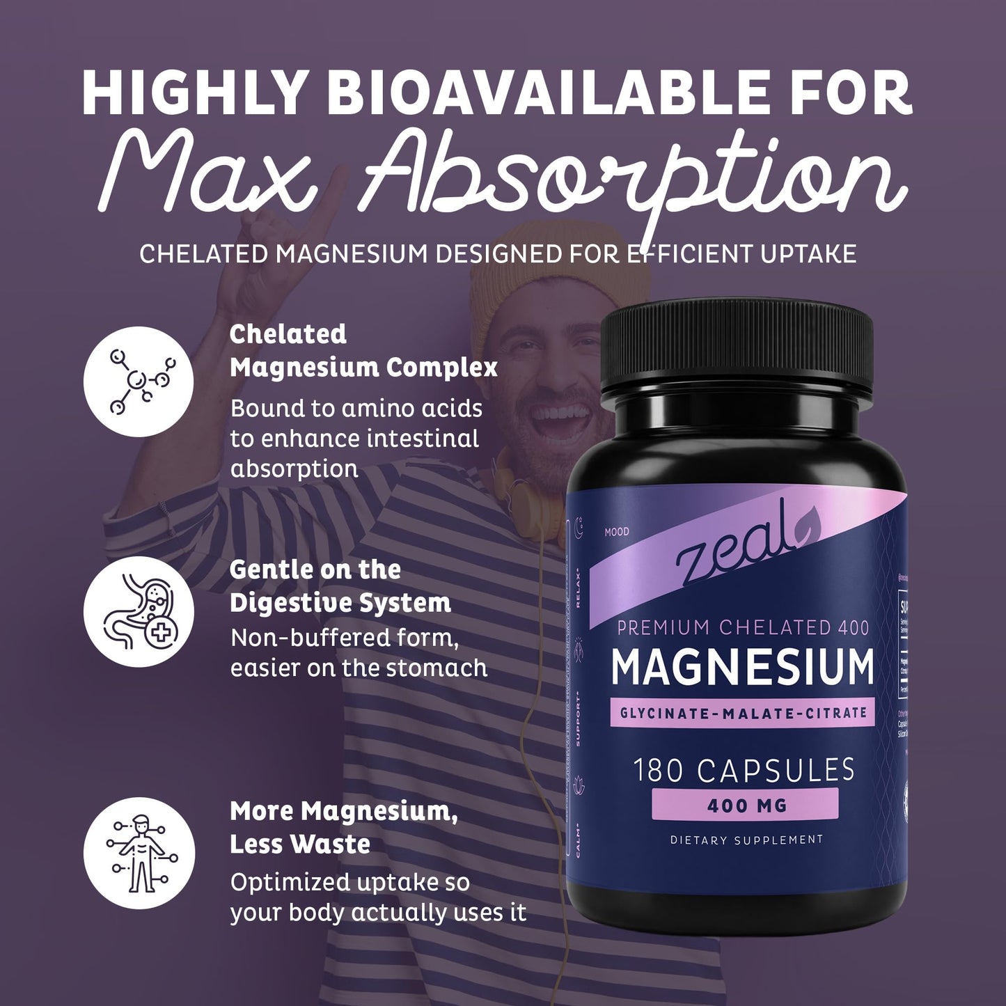 Zeal Naturals Triple Magnesium Complex Supplement - Glycinate, Malate, Citrate | 400mg, 180 Capsules | High Absorption Chelated Magnesium for Sleep, Mood, Muscle Recovery, Relaxation Zeal Naturals buy supplements Au
