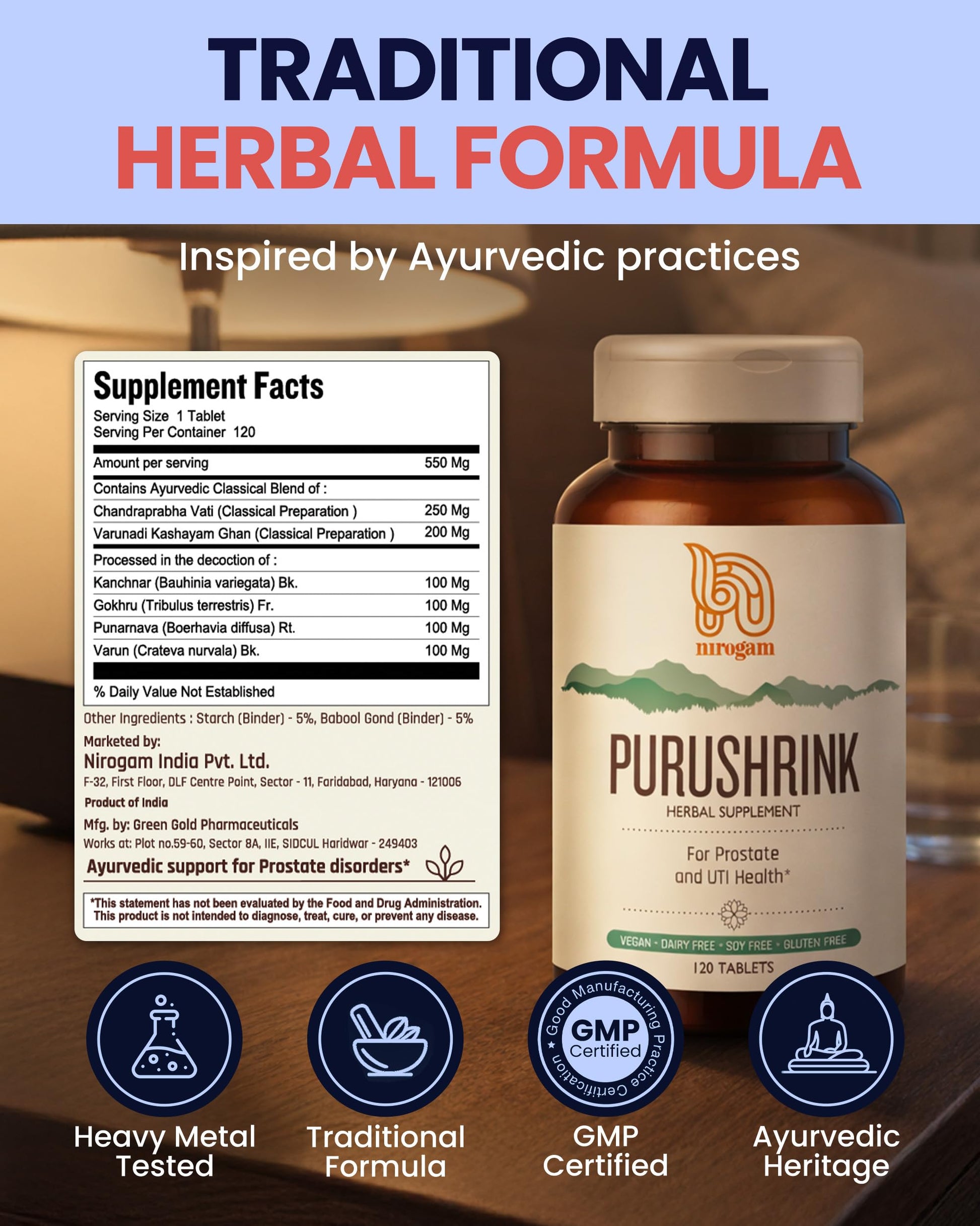 Nirogam Purushrink - BPH Prostate Supplement for Men, Supports Better Sleep & Urinary Health - Natural Ayurvedic Herbal Supplement 120 Tablets - Vegan, Dairy Free, Gluten Free NirogamBuy Supplements Australia