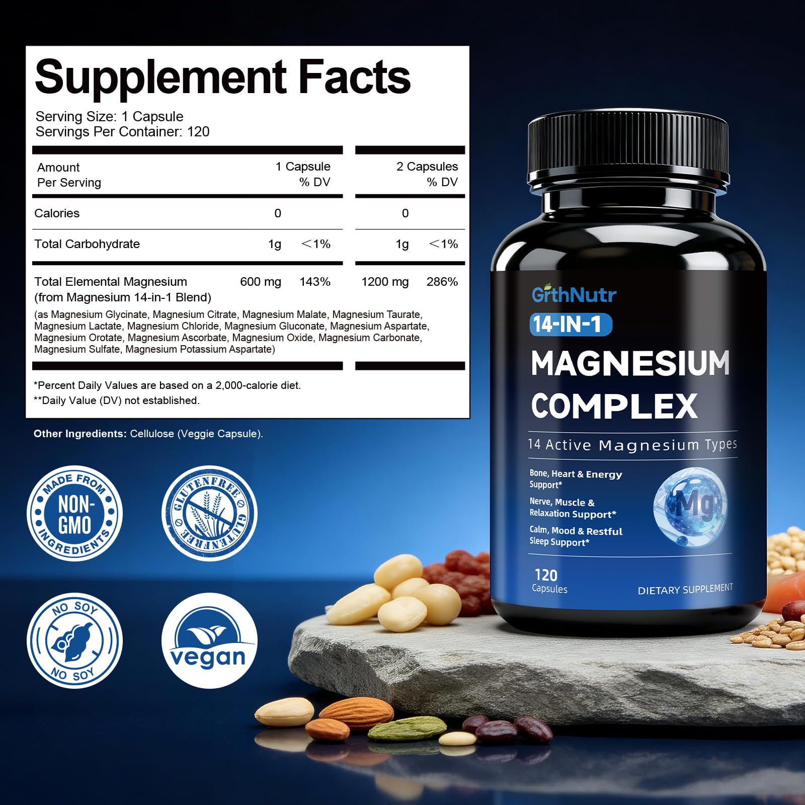 14-in-1 Magnesium Complex Supplement, 1200mg Elemental Magnesium Glycinate, Citrate, Malate, Taurate - Magnesium Complex for Women Nerves, Bone & Heart Health | Non-GMO GrthNutr buy supplements Au