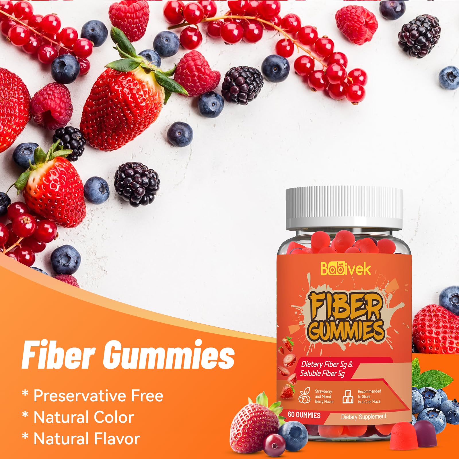 Babivek Fiber Gummies for Women and Men – Dietary Fiber, Gut Health Support, Vegan, Non-GMO, Non-Gluten, Mixed Berry & Strawberry Flavors, 60 Count(Pack of 2)