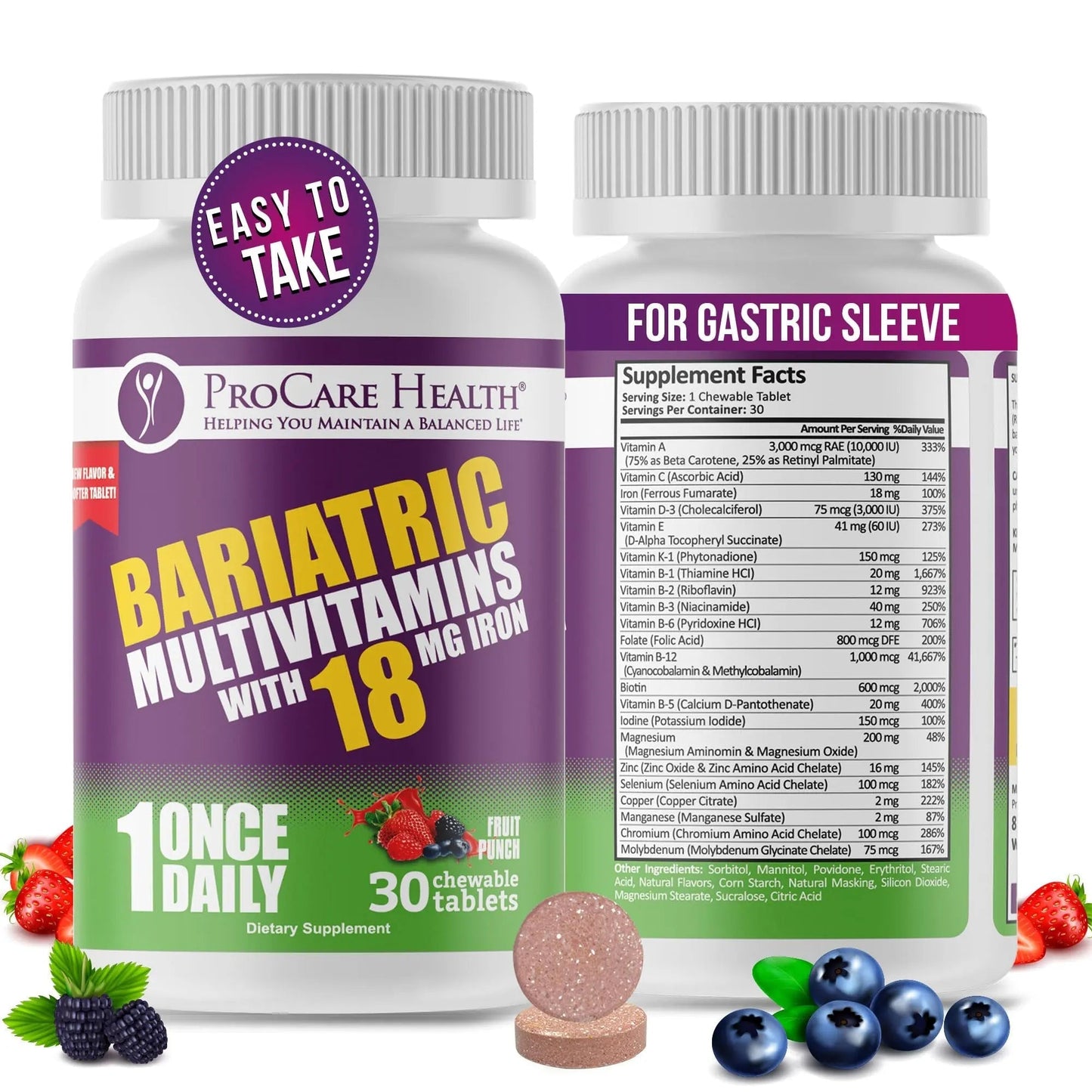 ProCare Health Bariatric Chewable Multivitamin with Iron 18mg (30 Tablets) - Fruit Punch Flavor Bariatric Multivitamin Chewable ProCare Health