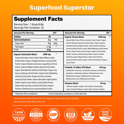 NutraChamps Super Greens Powder Premium Superfood | 20+ Organic Green Veggie Whole Foods | Wheat Grass, Spirulina, Chlorella | Antioxidant, Digestive Enzyme