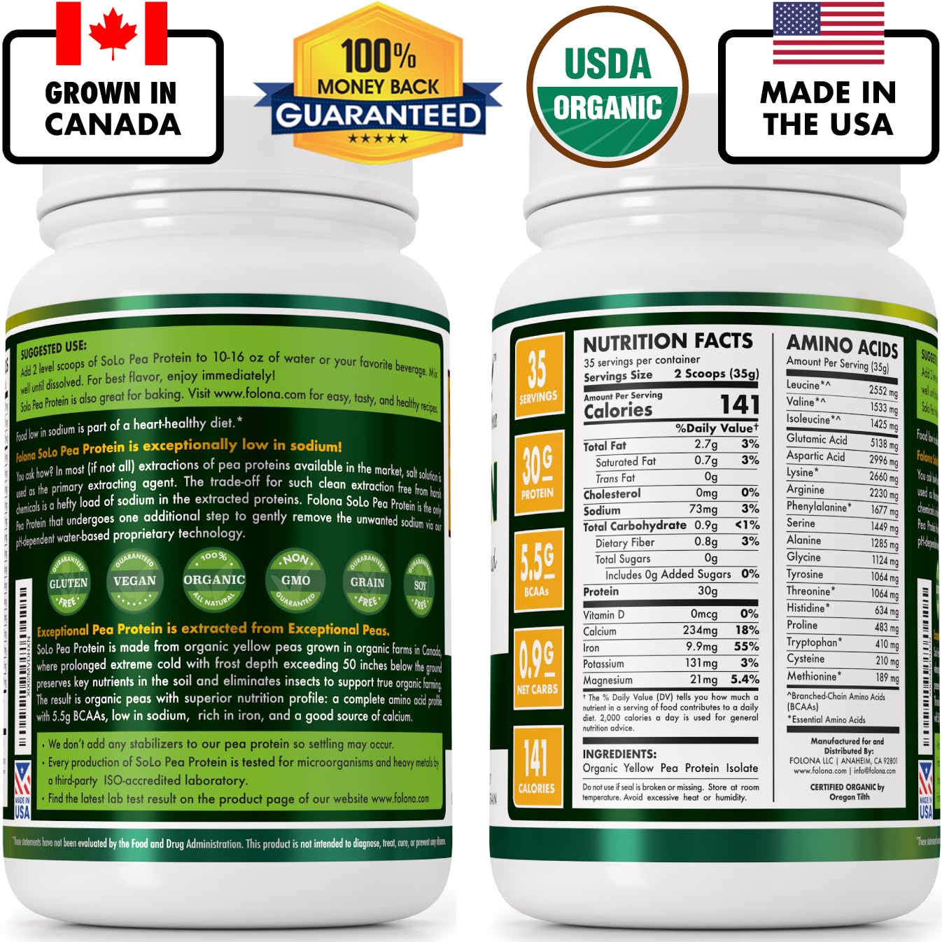 SOLO Organic Pea Protein Isolate, Low in Sodium, Canada Grown Peas, 100% Vegan, Non-GMO, Unflavored Plant Based Protein Powder with BCAA, Keto & Paleo Friendly,