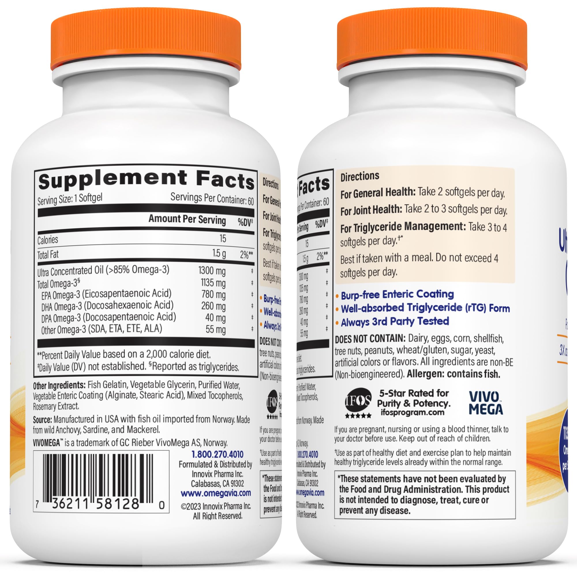 OmegaVia Ultra Concentrated Omega 3 Fish Oil Burpless, 60 Softgels, Triple Strength Omega 3 Fish Oil Supplements, 1135 mg Pure Omega3
