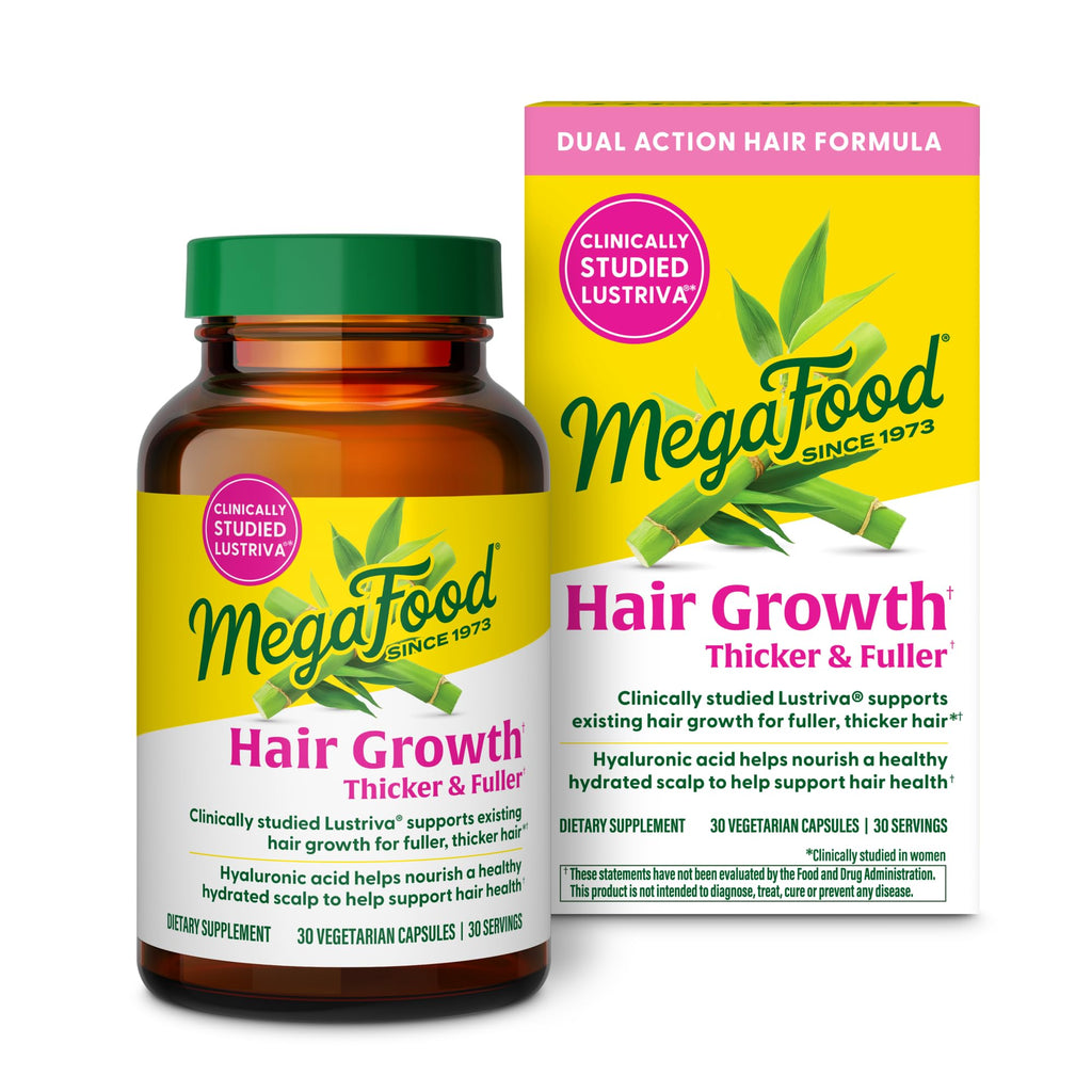 MegaFood hair growth supplement bottle and packaging on a white background