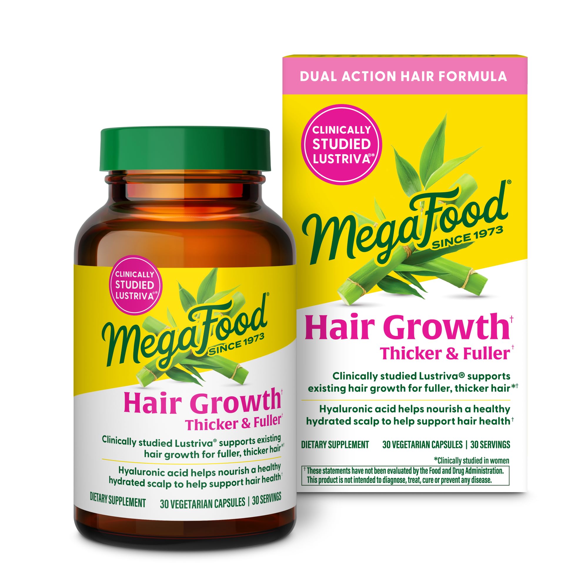MegaFood hair growth supplement bottle and packaging on a white background